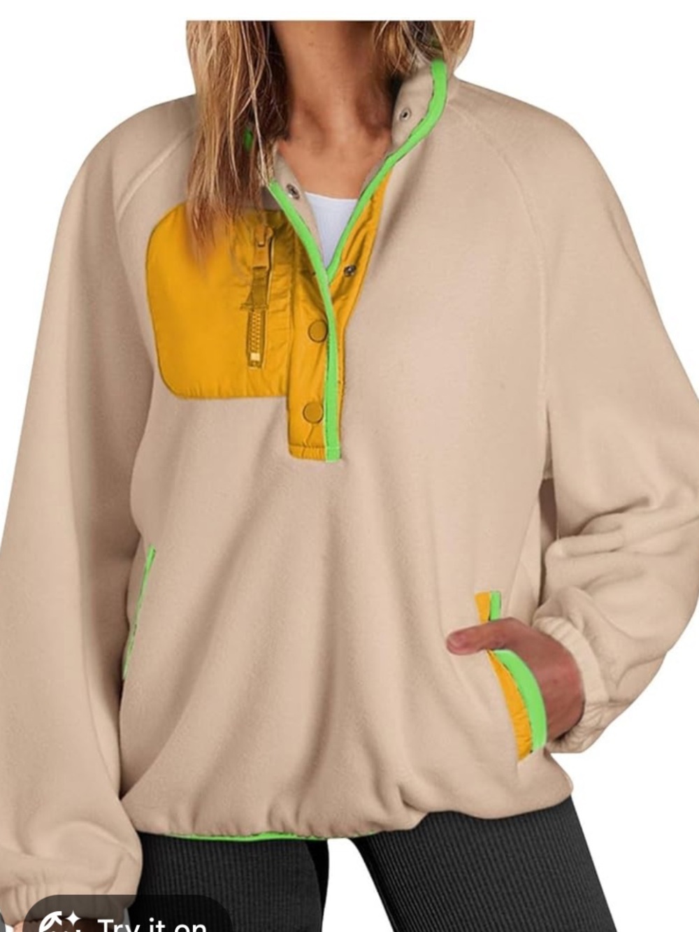 Dokotoo Beige Fleece Pullover with Yellow & green Accent size large. NWT!